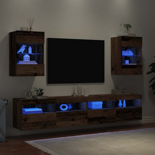 2 db antik fa fali szekrények LED világítással TV-hez 40x30x60,5 cm