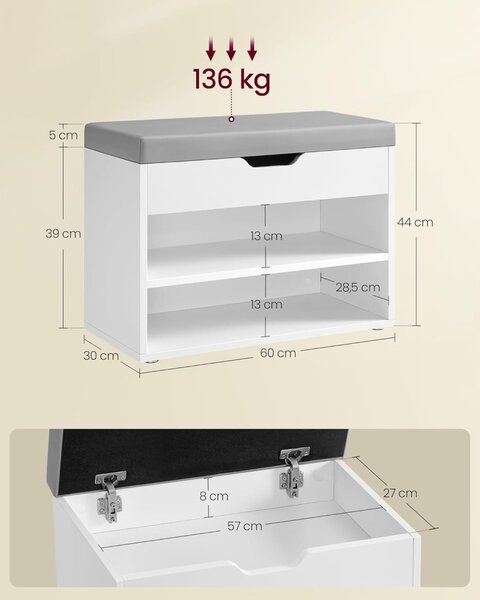 VASAGLE LHS020W01 Cipős Pad Tároló Rekesszel Párnázott Ülőkével Felhőfehér