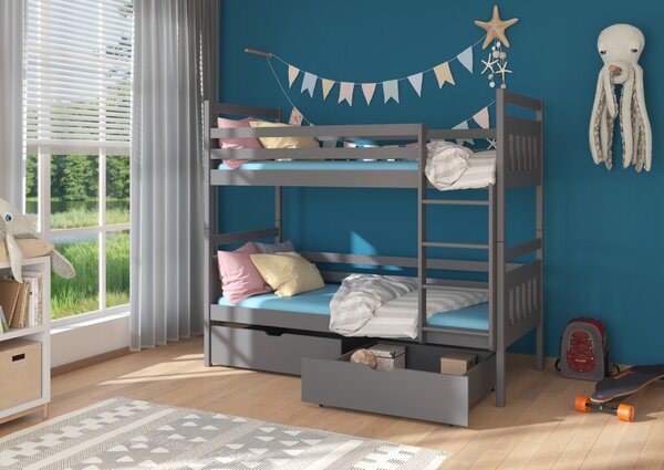 ADA gyermek emeletes ágy nyomtatással + 2x matrac, 90x200, szürke