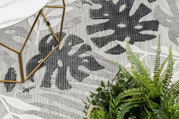 Szőnyeg Structural BOTANIC 65245 Monstera levelek lapos szőtt az erkélyen, teraszon - szürke