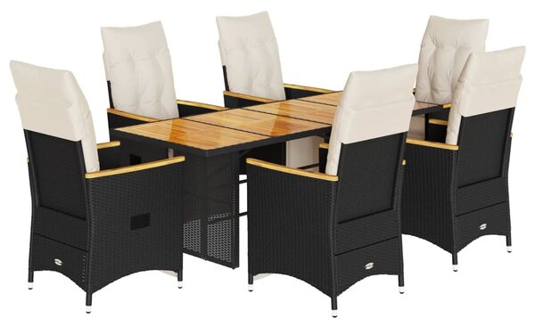 7 részes fekete polyrattan kerti bisztrógarnitúra párnákkal