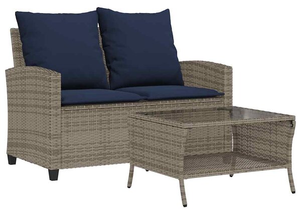 2 személyes szürke polyrattan kerti kanapé asztallal&párnával