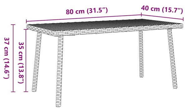 Téglalap barna polyrattan kerti dohányzóasztal 80x40x37cm