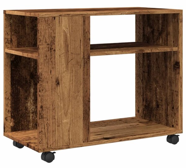 Antik fa színű szerelt fa kisasztal kerekekkel 70 x 35 x 60 cm