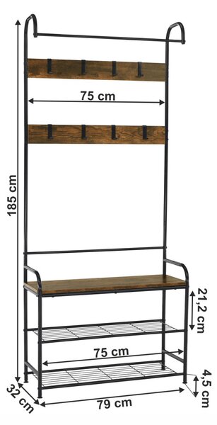 Akasztó cipőtárolóval, fekete fém/MDF rusztikus fa, KELAM