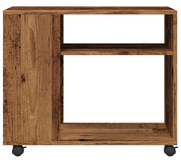Antik fa színű szerelt fa kisasztal kerekekkel 70 x 35 x 60 cm