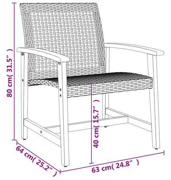 3 részes fekete polyrattan és akácfa bisztrószett