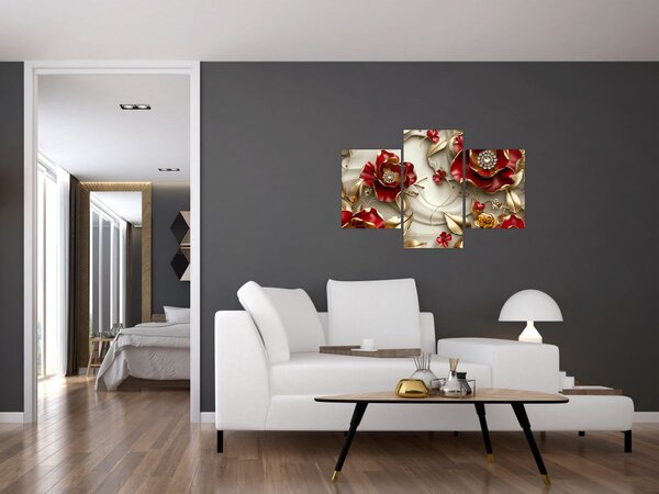 Kép - 3D piros-arany virágok (90x60 cm)
