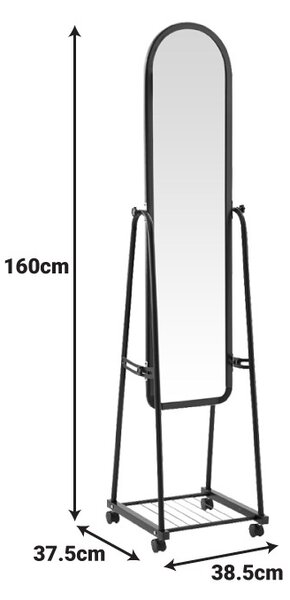 Tükör polcos, Lomna, fekete, 38.5x37.5x160 cm