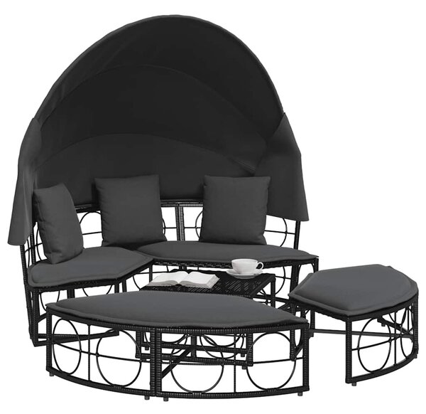 Fekete polyrattan kültéri napozóágy napellenzővel és párnákkal