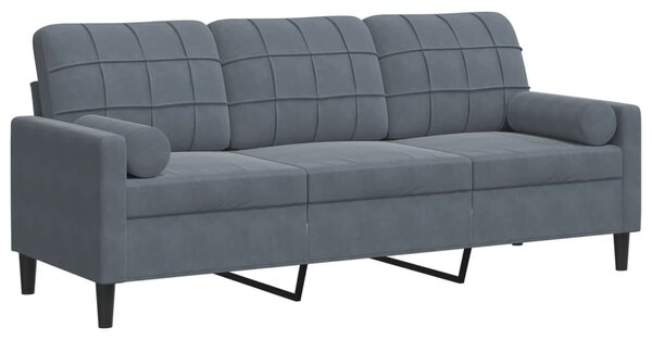 3 személyes sötétszürke bársony kanapé díszpárnákkal 180 cm