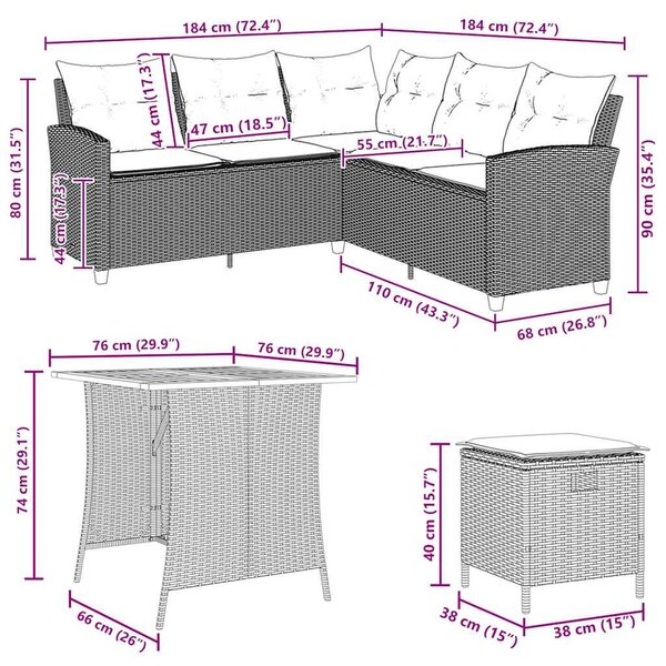 6 részes bézs polyrattan kerti ülőgarnitúra párnákkal L-alakú