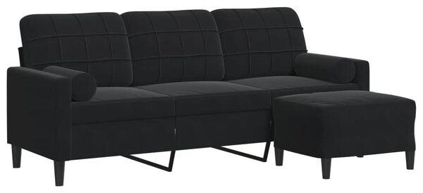 3 személyes fekete bársonykanapé lábtartóval 180 cm