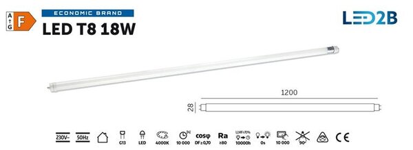 LED cső T8 18W 4000K 120cm üveg LED2B