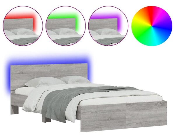 Szürke sonoma színű ágykeret fejtámlával és LED-del 120x190 cm