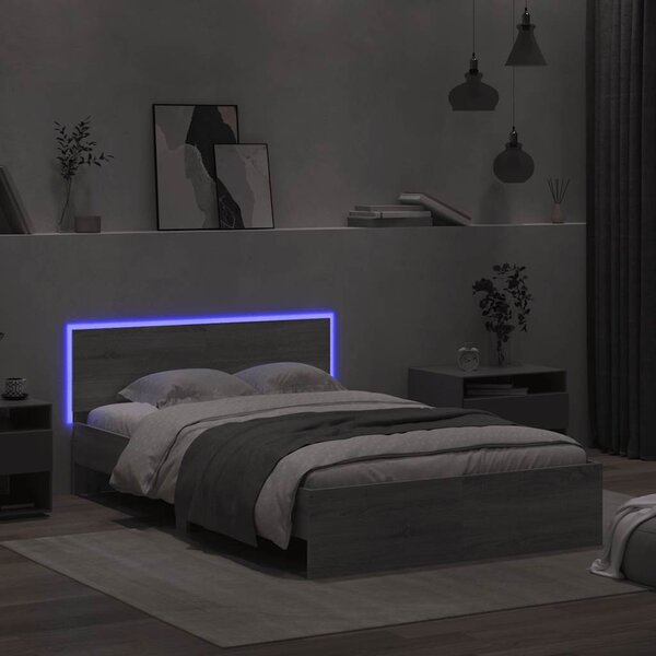 Szürke sonoma színű ágykeret fejtámlával és LED-del 120x190 cm