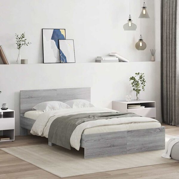 Szürke sonoma színű ágykeret fejtámlával és LED-del 120x190 cm