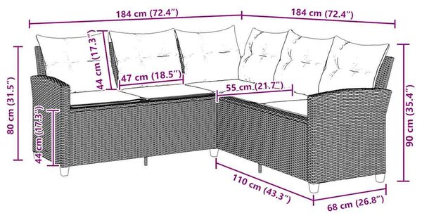 Fekete polyrattan L-alakú kanapé párnákkal