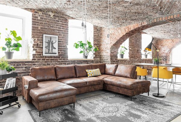 Lofty Lilly Vintage barna kinyitható U alakú bőrutánzat kanapé, jobb oldali - Miuform