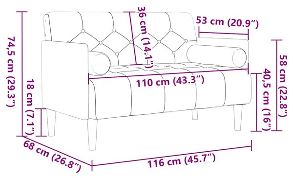 Barna bársony loveseat kanapé párnákkal 110 cm