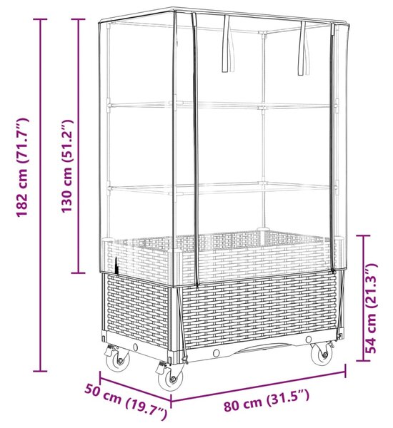 Rattan megjelenésű magaságyás borítással/kerékkel 80x50x182 cm