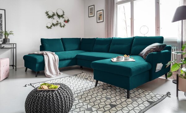 Stylish Stan türkiz kinyitható U alakú bársony kanapé, bal oldali - Miuform