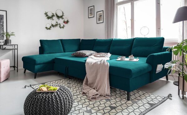 Stylish Stan türkiz kinyitható U alakú bársony kanapé, bal oldali - Miuform