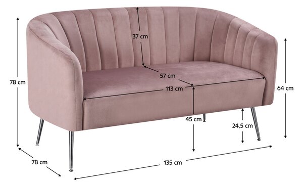 Design kétszemélyes kanapé, rózsaszín Velvet szövet/króm-ezüst, BAGY