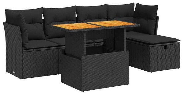 6 részes fekete polyrattan akácfa kerti ülőgarnitúra párnákkal