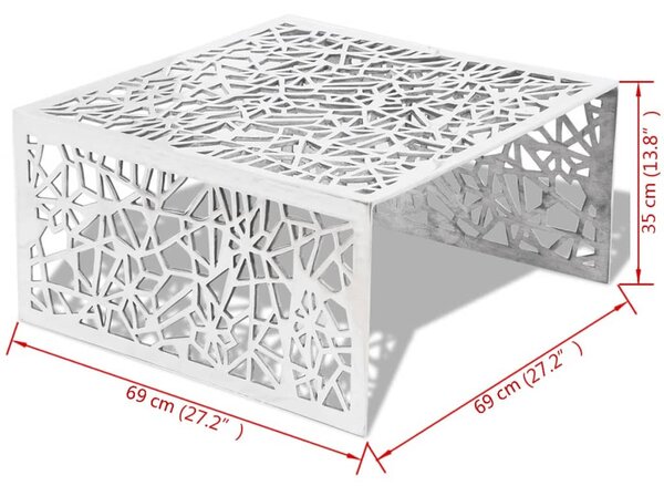 Ezüstszínű alumínium dohányzóasztal geometrikus dizájnnal