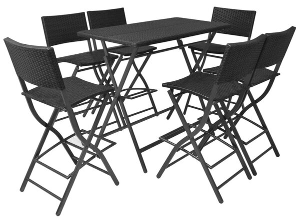 7-részes fekete kerti polyrattan/acél összecsukható étkezőszett