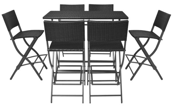 7-részes fekete kerti polyrattan/acél összecsukható étkezőszett