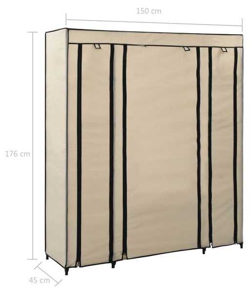 Krémszínű szövet ruhásszekrény tárolórekeszekkel 150x45x176 cm