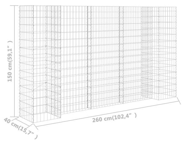 H alakú acéldrót virágtartó gabion 260 x 40 x 150 cm