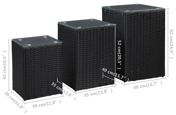 3 db fekete polyrattan kisasztal üveg asztallappal