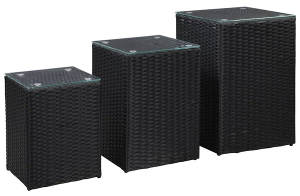 3 db fekete polyrattan kisasztal üveg asztallappal
