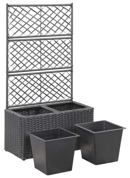 Fekete rácsos polyrattan magaságyás 2 kaspóval 58 x 30 x 107 cm