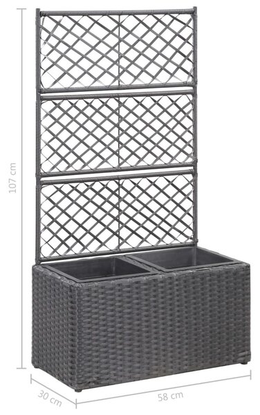 Fekete rácsos polyrattan magaságyás 2 kaspóval 58 x 30 x 107 cm