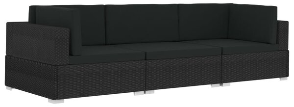 3 darabos fekete polyrattan kerti kanapészett párnákkal