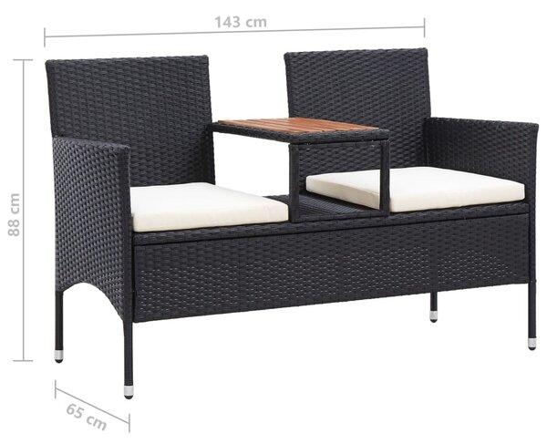 2 személyes fekete polyrattan kerti pad teázóasztallal 143 cm