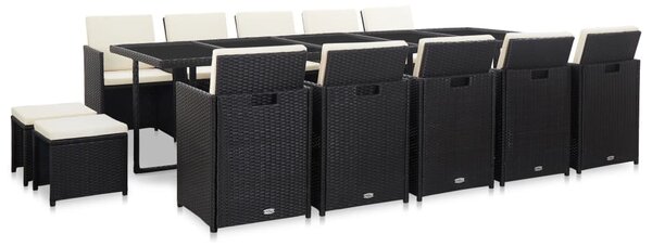 15 részes fekete polyrattan kültéri étkezőszett párnákkal