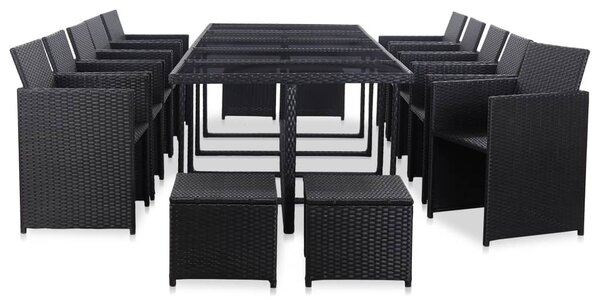 15 részes fekete polyrattan kültéri étkezőszett párnákkal