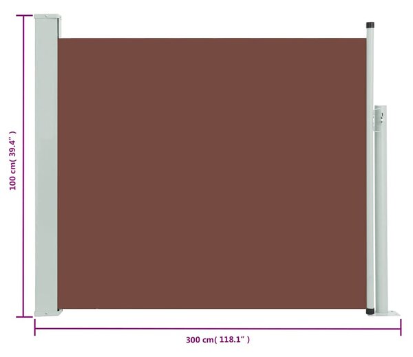 Barna behúzható oldalsó teraszi napellenző 100 x 300 cm