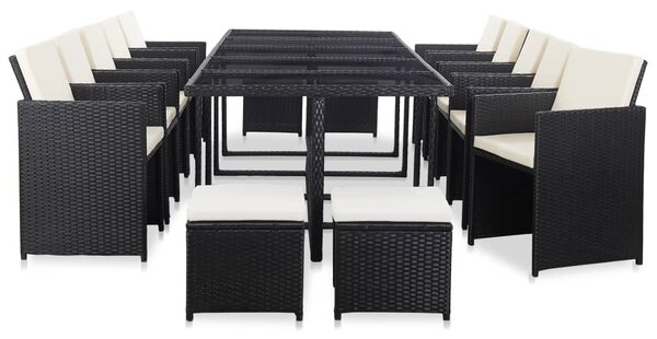 15 részes fekete polyrattan kültéri étkezőszett párnákkal