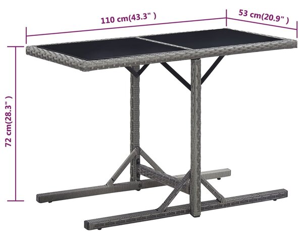 Antracitszürke polyrattan és üveglapos kerti asztal 110x53x72cm
