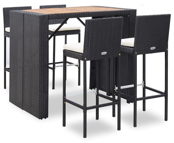 5 részes fekete kültéri polyrattan és akácfa bárgarnitúra