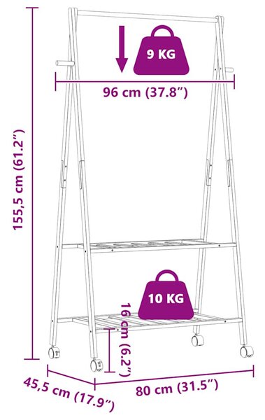 Bambusz ruhaállvány polcokkal és kerekekkel 96x45,5x155,5 cm