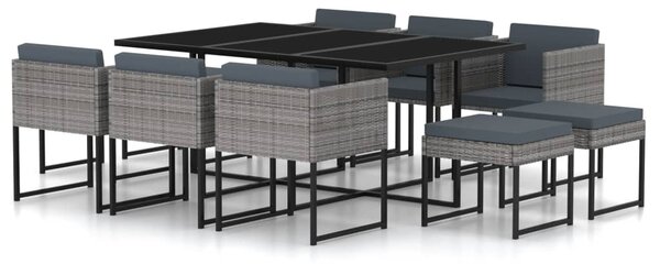 11 részes szürke polyrattan kerti étkezőszett párnákkal