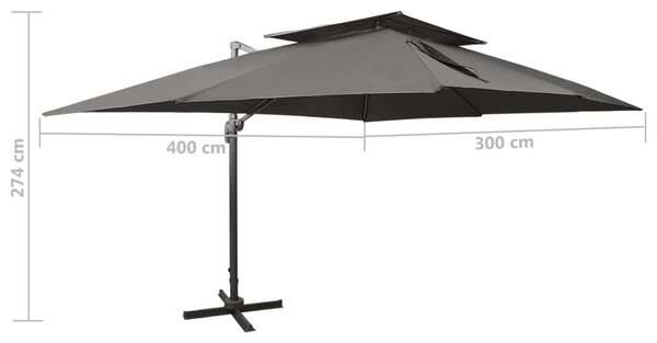 Antracit színű konzolos kerti napernyő dupla tetejjel 400 x 300 cm