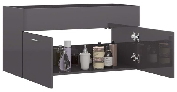 Magasfényű szürke szerelt fa mosdószekrény 90 x 38,5 x 46 cm